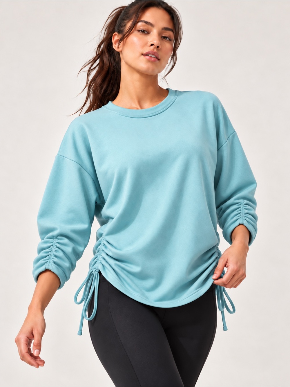 Athleta Lombard Ruched Sweatshirt Small Blue Tencel Side Tie Pullover